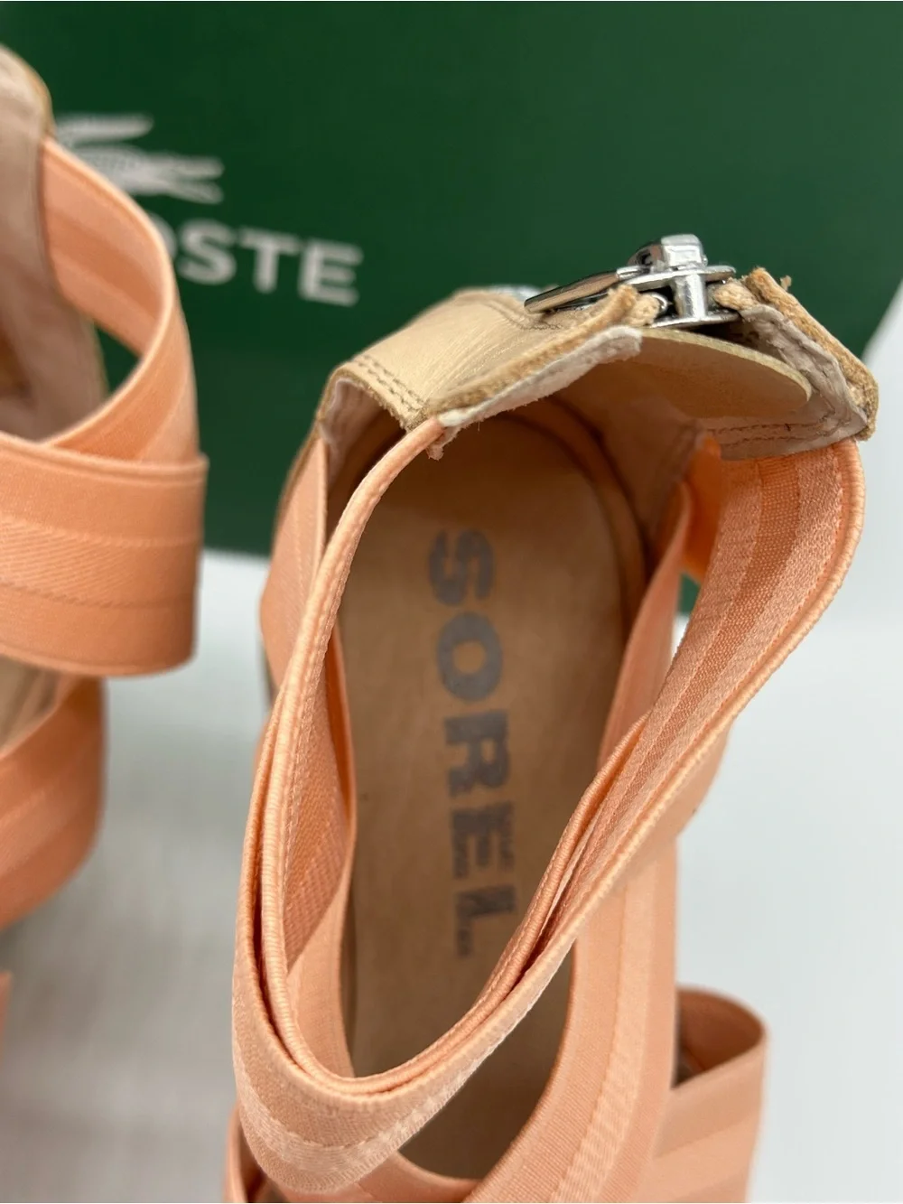 Lacoste Peach Elastic Crossover Wedge Sandals